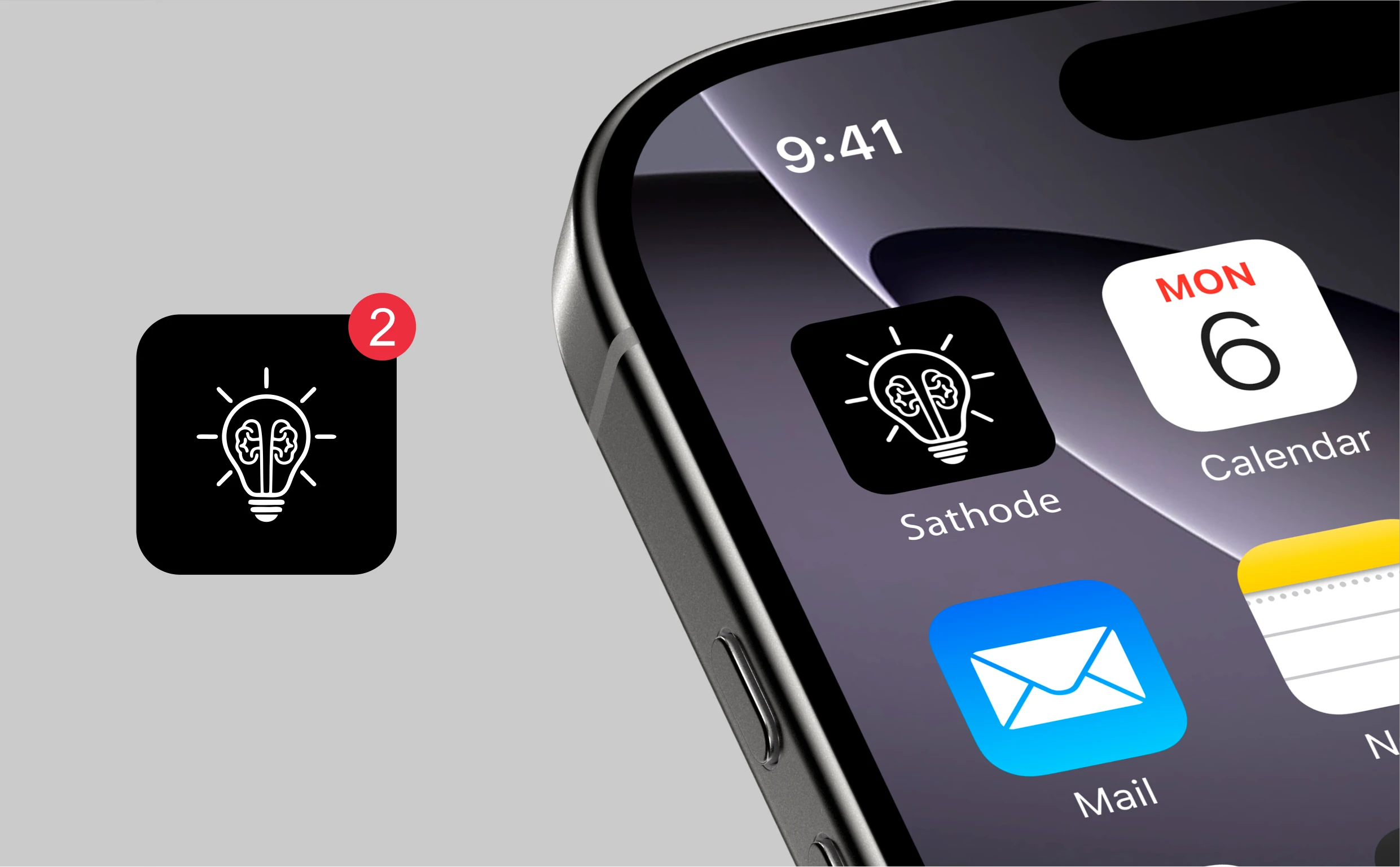 Imagen que muestra el ícono de la aplicación de SATHODE en un teléfono móvil, con una notificación de 2 mensajes. El ícono simboliza creatividad e innovación, representando la identidad visual de SATHODE y su presencia digital, con un diseño minimalista y profesional que refleja el enfoque estratégico de la marca en el diseño de marcas impactantes.