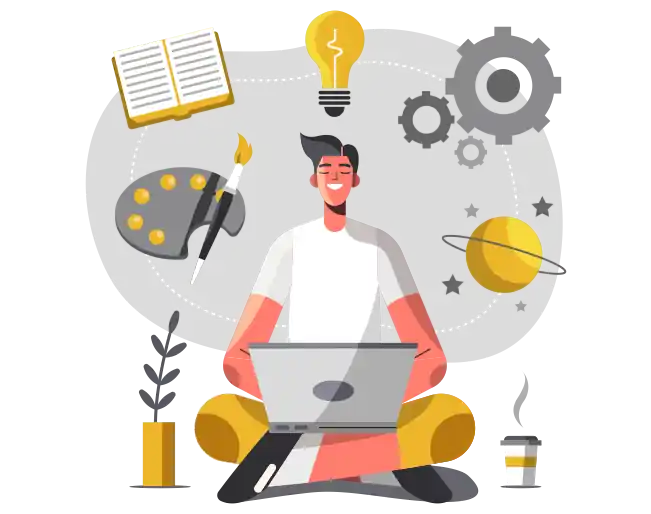Ilustración vectorial de diseñador gráfico freelance creando marcas en laptop, con foco de ideas, paleta y engranajes; branding estratégico, diseño de logos e identidad visual profesional para empresas y emprendedores.