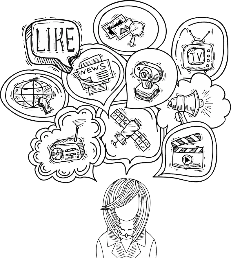 Ilustración en blanco y negro de una persona rodeada de iconos relacionados con comunicación y redes sociales, como "like", "news", "TV", "web", "radio", y "video". Esta representación visual simboliza el flujo constante de información en el mundo digital y las conexiones en plataformas sociales. Ideal para conceptos de branding digital y marketing en redes sociales, reflejando cómo las ideas y las conexiones se propagan en la era digital.