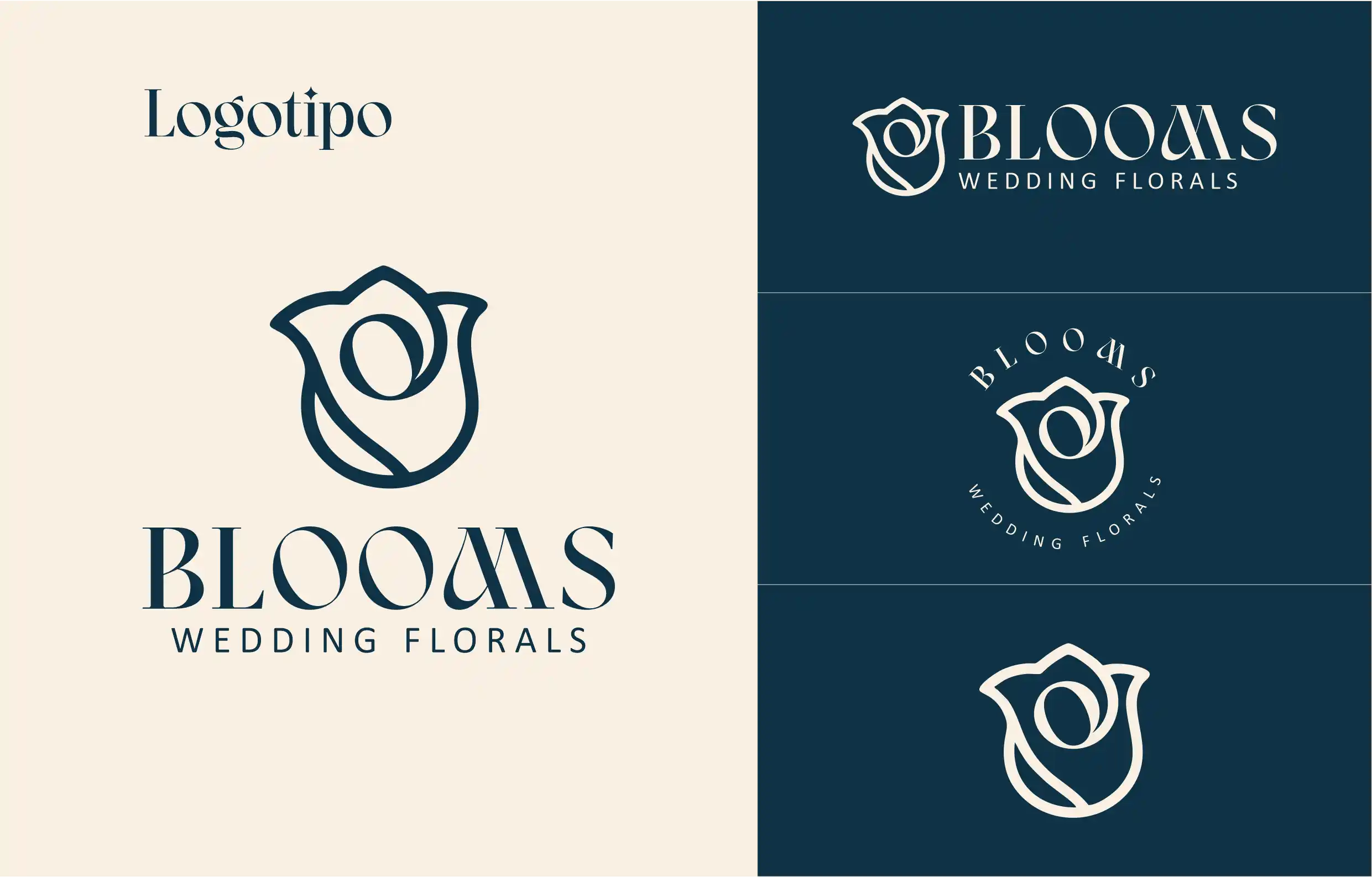 Elegante diseño de logotipo y marca para Blooms Wedding Florals, que muestra sofisticación.