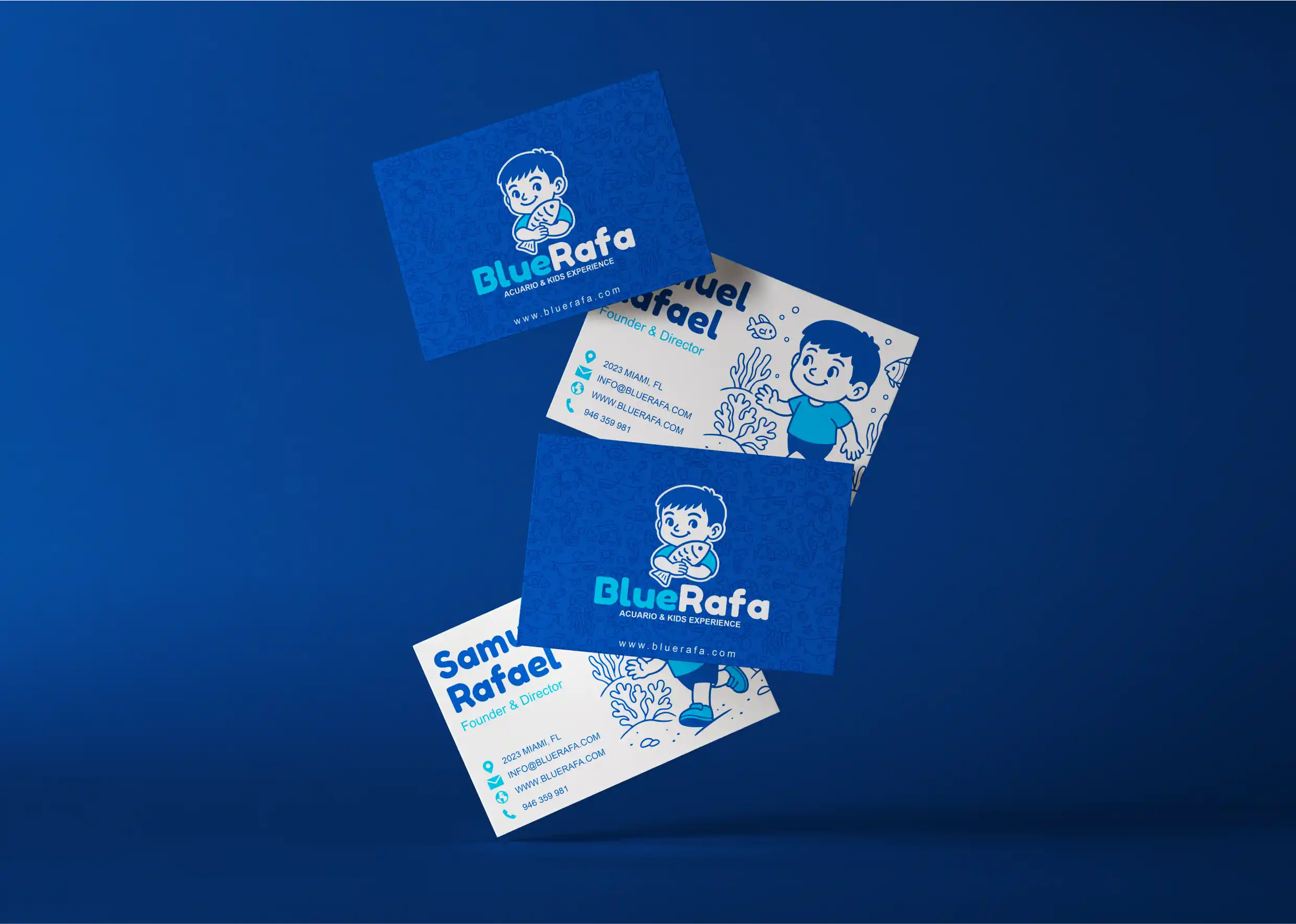 Tarjetas de presentación para BlueRafa, con diseño infantil y divertido para marca.