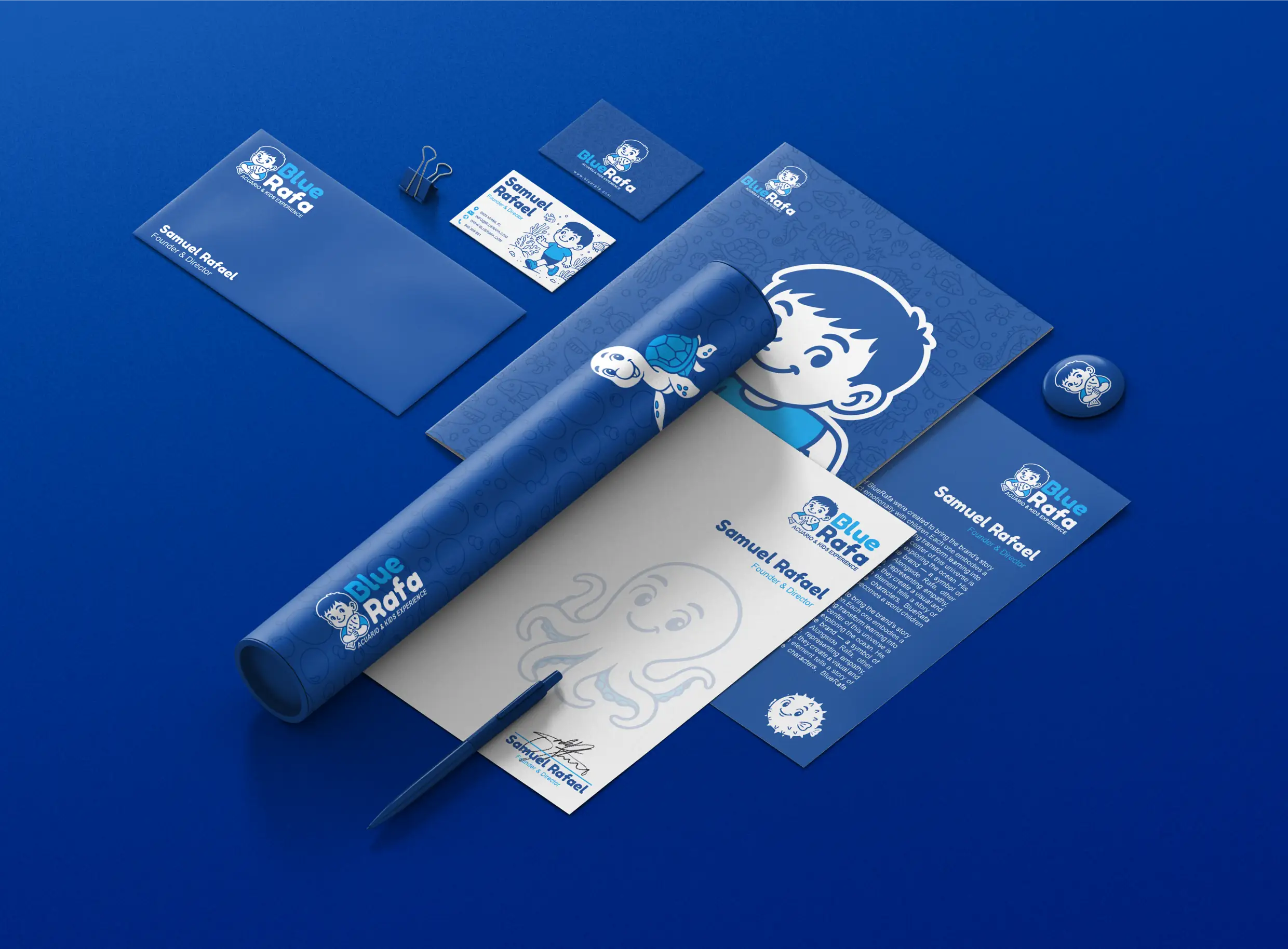 Diseño de papelería y branding para BlueRafa, identidad visual atractiva y educativa.