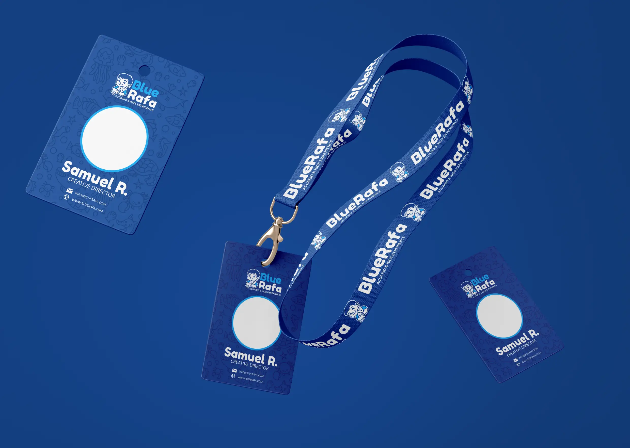 Diseño de credenciales y lanyard para BlueRafa, identidad visual única y atractiva.