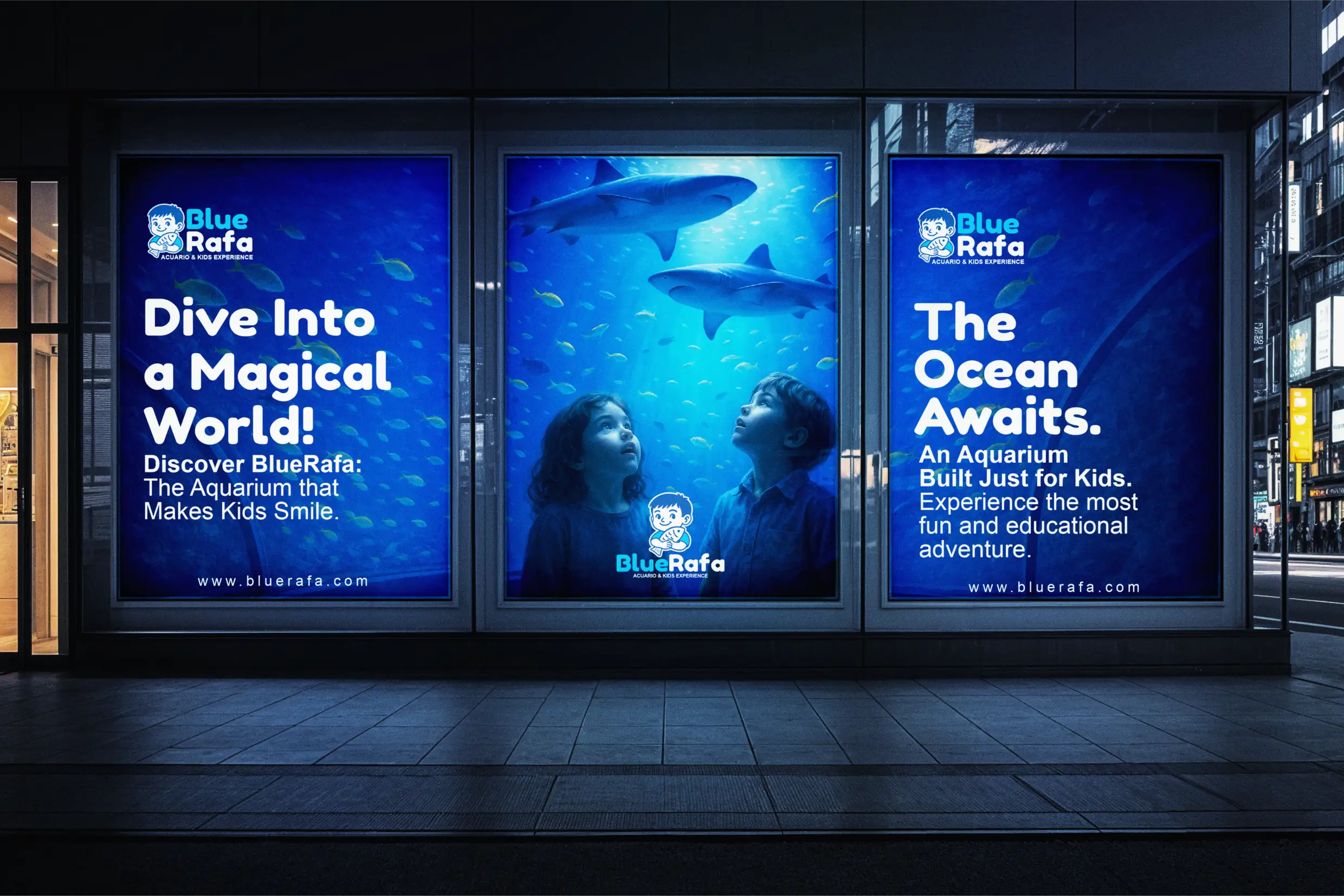 Poster publicitario de BlueRafa destacando la experiencia educativa y divertida para niños.