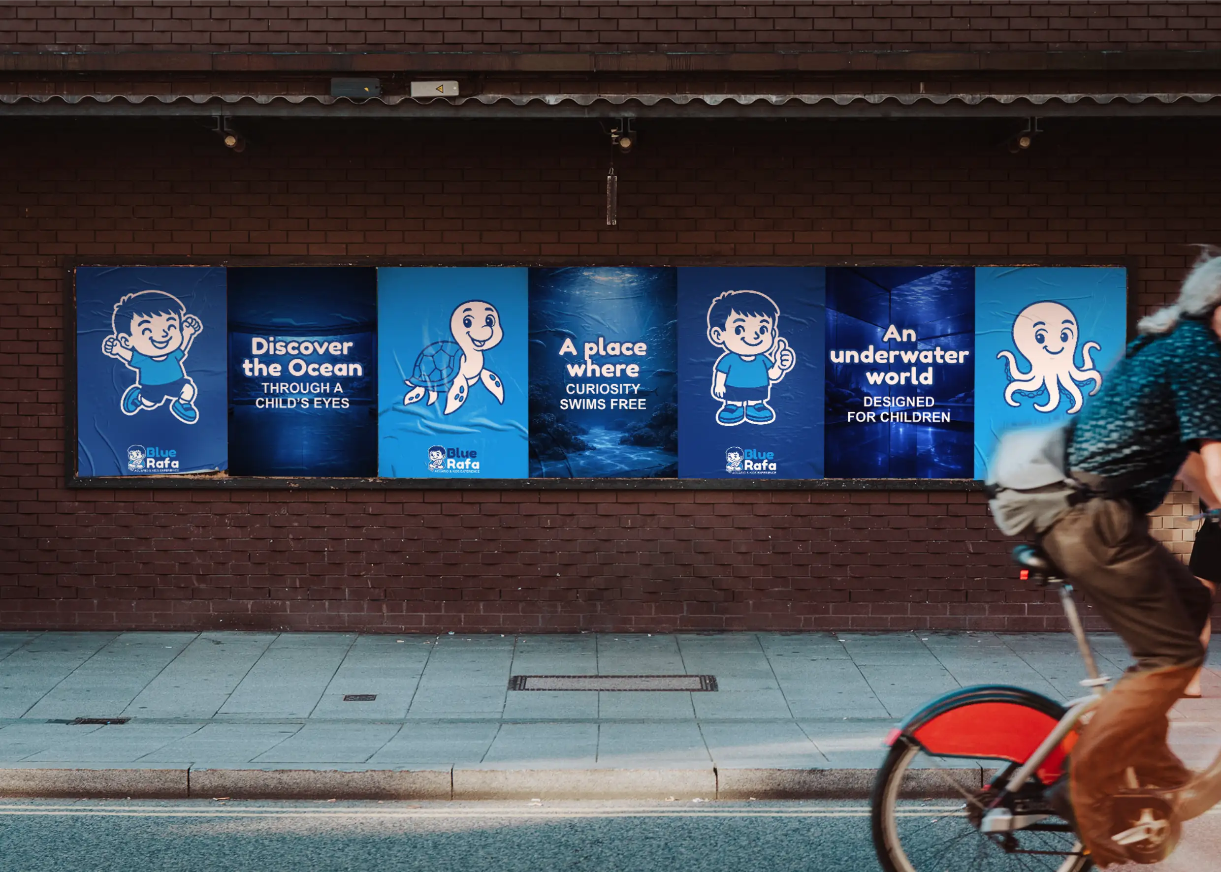 Campaña publicitaria de BlueRafa para un acuario infantil con diseño amigable.