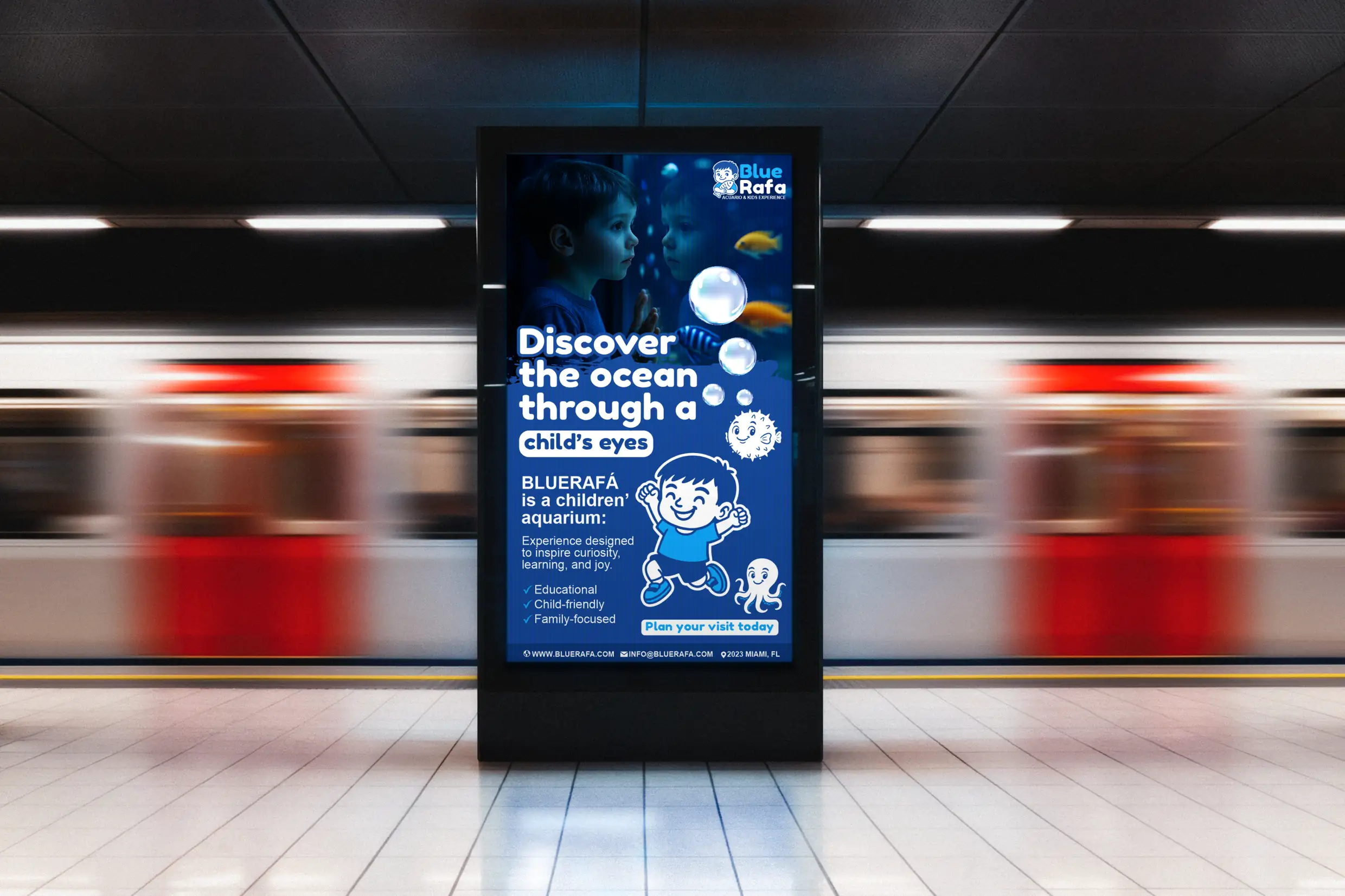 Poster publicitario de BlueRafa resaltando la experiencia divertida y educativa para niños.