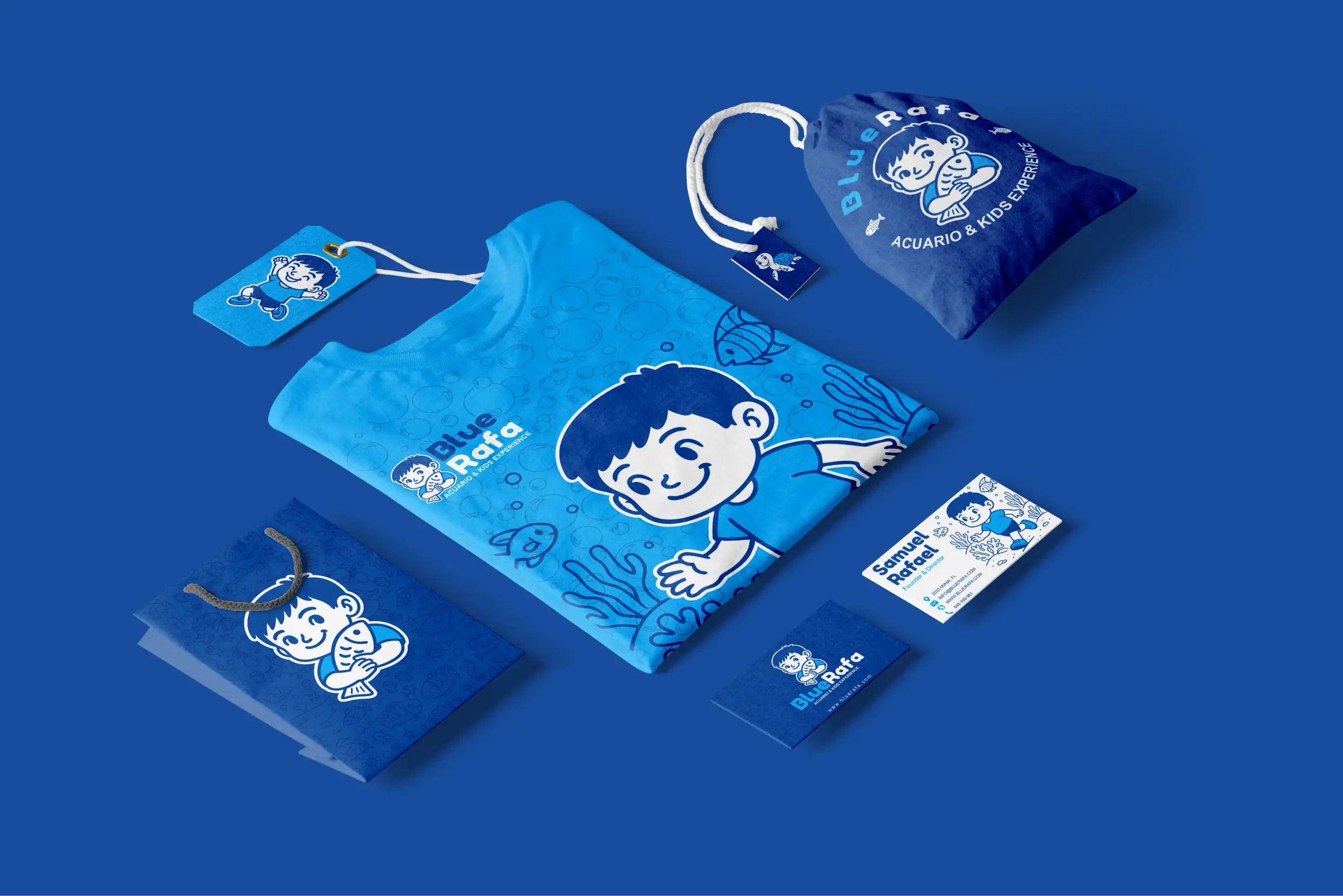 Diseño de identidad visual para BlueRafa con productos promocionales como camisetas y tarjetas.