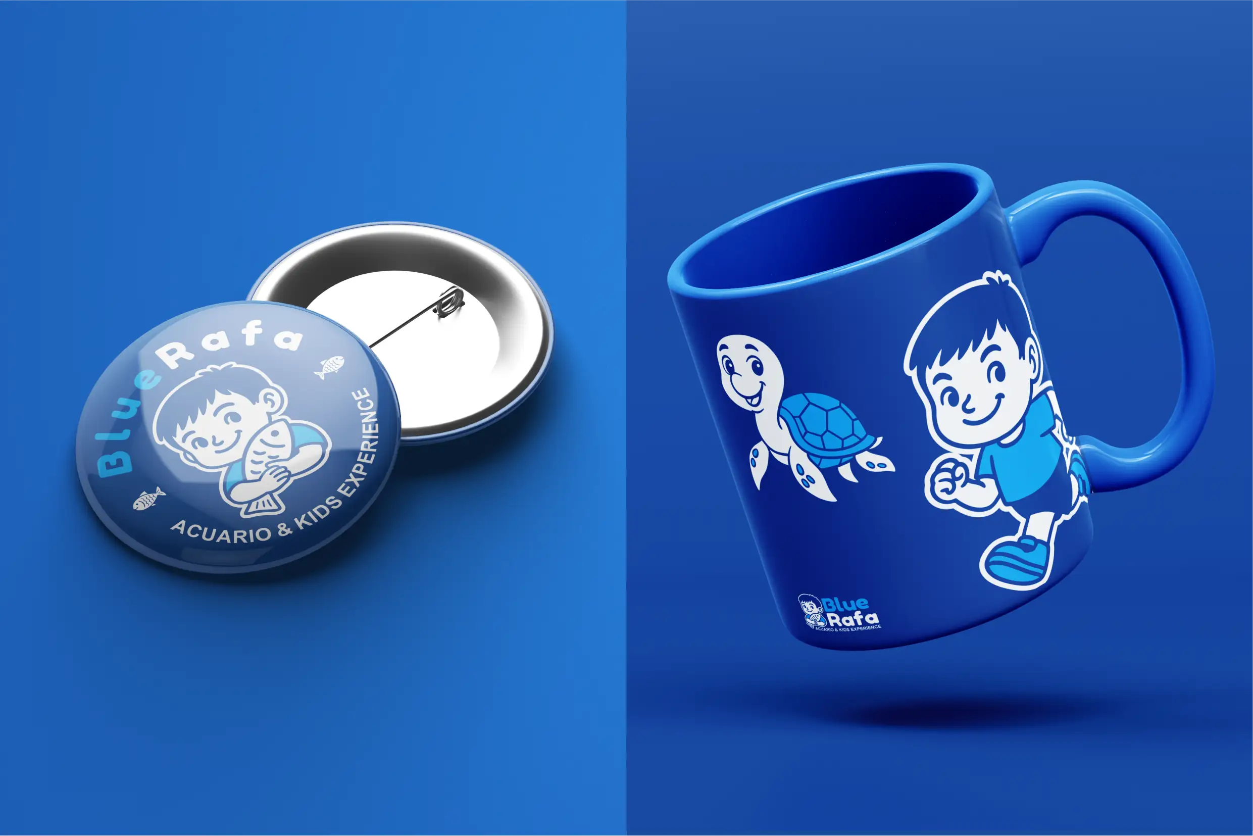 Diseño de merchandising para BlueRafa con camisetas, tazas y broches personalizados.