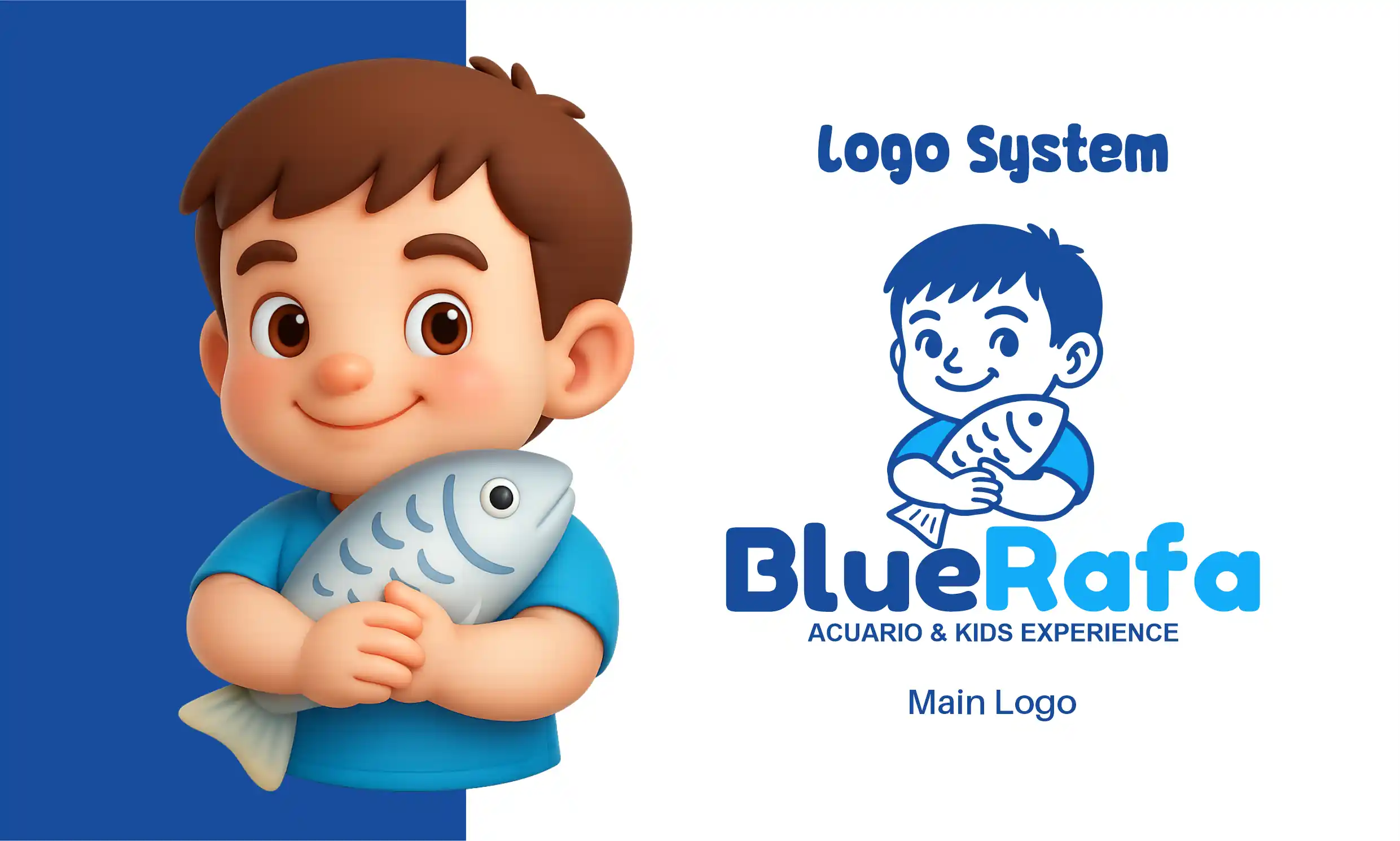 Sistema de logo de BlueRafa, representando una experiencia educativa para niños.